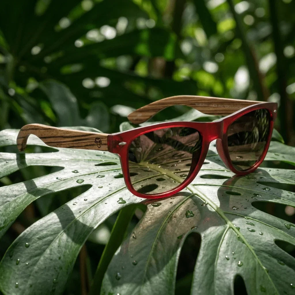 Lentes sol Acacia polarizados UV400 madera zebrano Wine Gradiente Cafe composicion botanica monstera tropical natural Bonoboss #editorial_grid2 #color_wine-gradiente-cafe