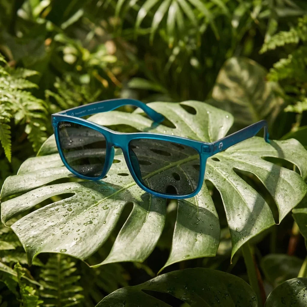 Lentes sol Rapanui RPET polarizados RPET reciclado biodegradable ocean composicion botanica monstera tropical Bonoboss #editorial_grid2 #color_ocean