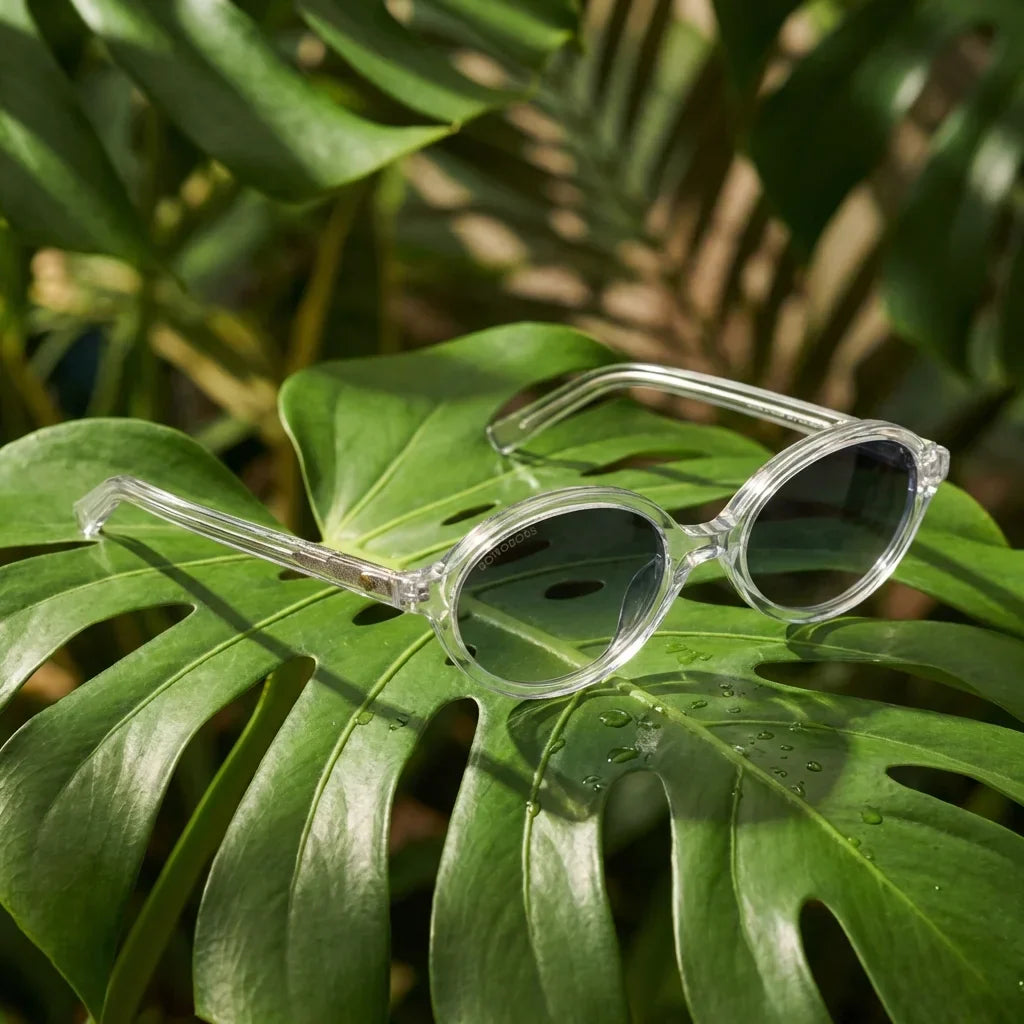 Lentes sol Guapi Island polarizados bio-acetato transparente composicion botanica monstera tropical biodegradable Bonoboss #editorial_grid2 #color_transparente