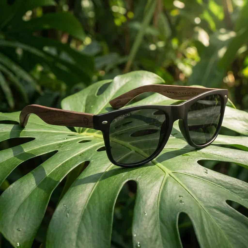 Lentes sol Acacia Nogal polarizados smoke composicion botanica hoja monstera tropical Bonoboss #editorial_grid2 #color_smoke