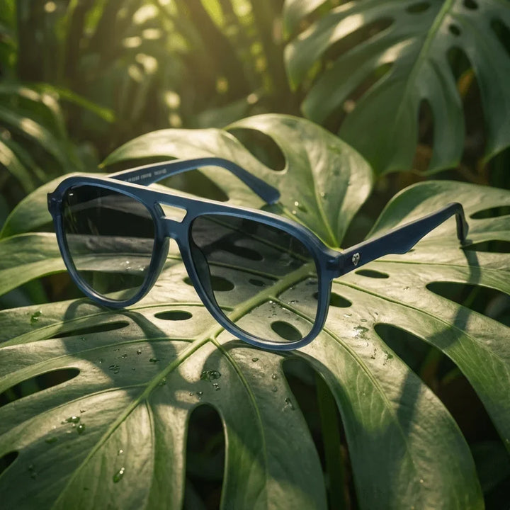 Lenses sun orson polarized UV400 bio-acetate blue sobre cuero brass superficie premium detalle noble bonoboss #editorial_grid1 #color_azul