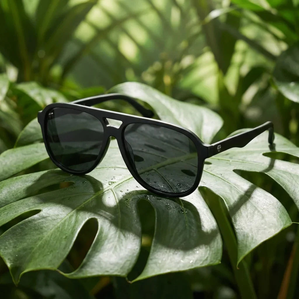 Lenses sun orson polarized bio-acetate biodegradable black sobre hoja monstera botanica tropical bonoboss #editorial_grid2 #color_negro