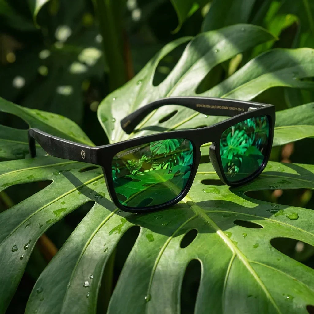 Lentes sol Lautaro Dark polarizados acetato espejado verde composicion botanica hoja monstera tropical Bonoboss #editorial_grid2 #color_espejado-verde