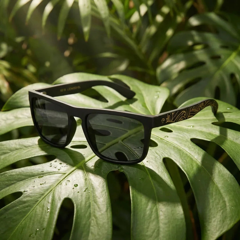 Lentes sol Lautaro Dark Designer's polarizados madera waves composicion botanica monstera tropical biodegradable Bonoboss #editorial_grid2 #color_waves