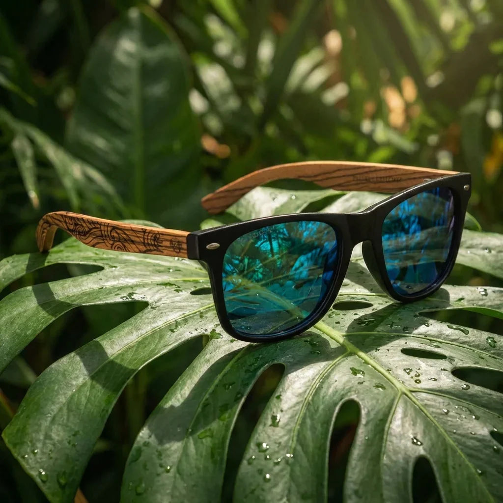 Lentes sol Acacia Designers polarizados waves sky composicion botanica hoja monstera tropical Bonoboss #editorial_grid2 #color_waves-sky