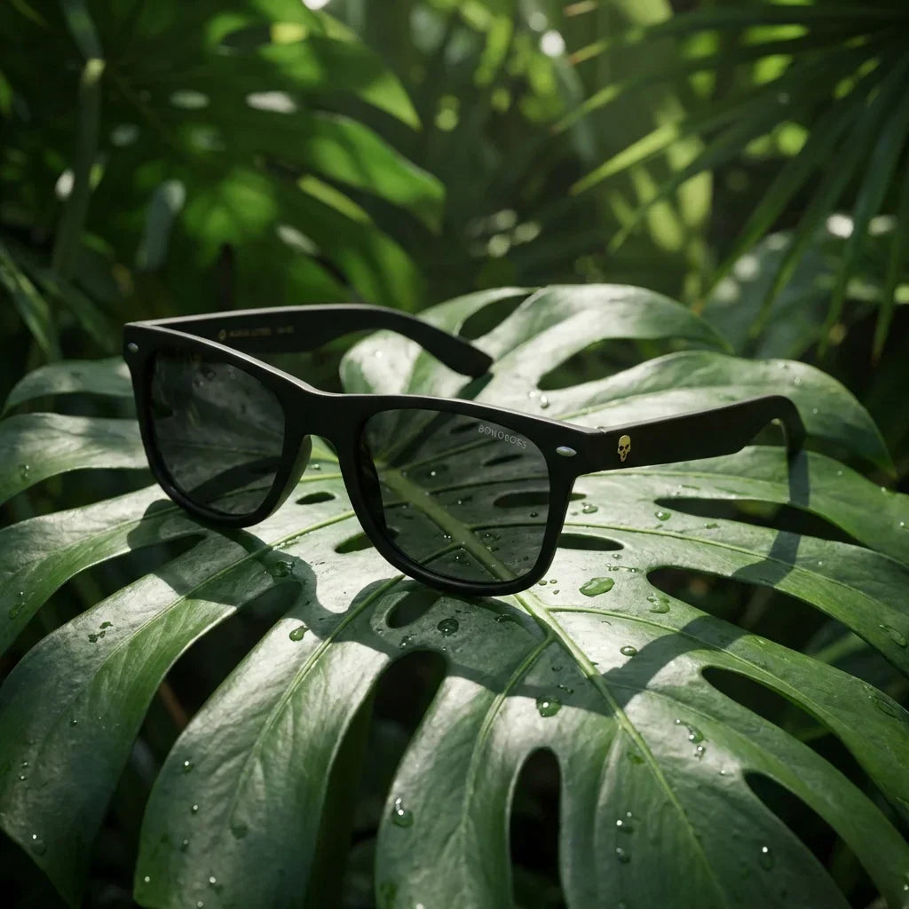 Lentes sol Acacia Dark polarizados madera acacia negro composicion botanica monstera tropical sustentable Bonoboss #editorial_grid2 #color_negro