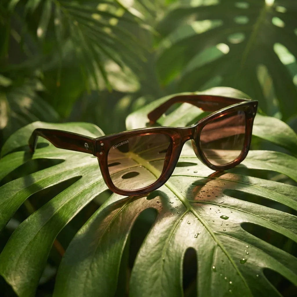 Lenses sun acacia reverse polarized UV400 wood zebrawood brown botanical composition natural tropical monstera bonoboss #editorial_grid2 #color_brown