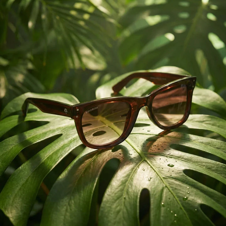 Lenses sun acacia reverse polarized UV400 wood zebrawood brown botanical composition natural tropical monstera bonoboss #editorial_grid2 #color_brown