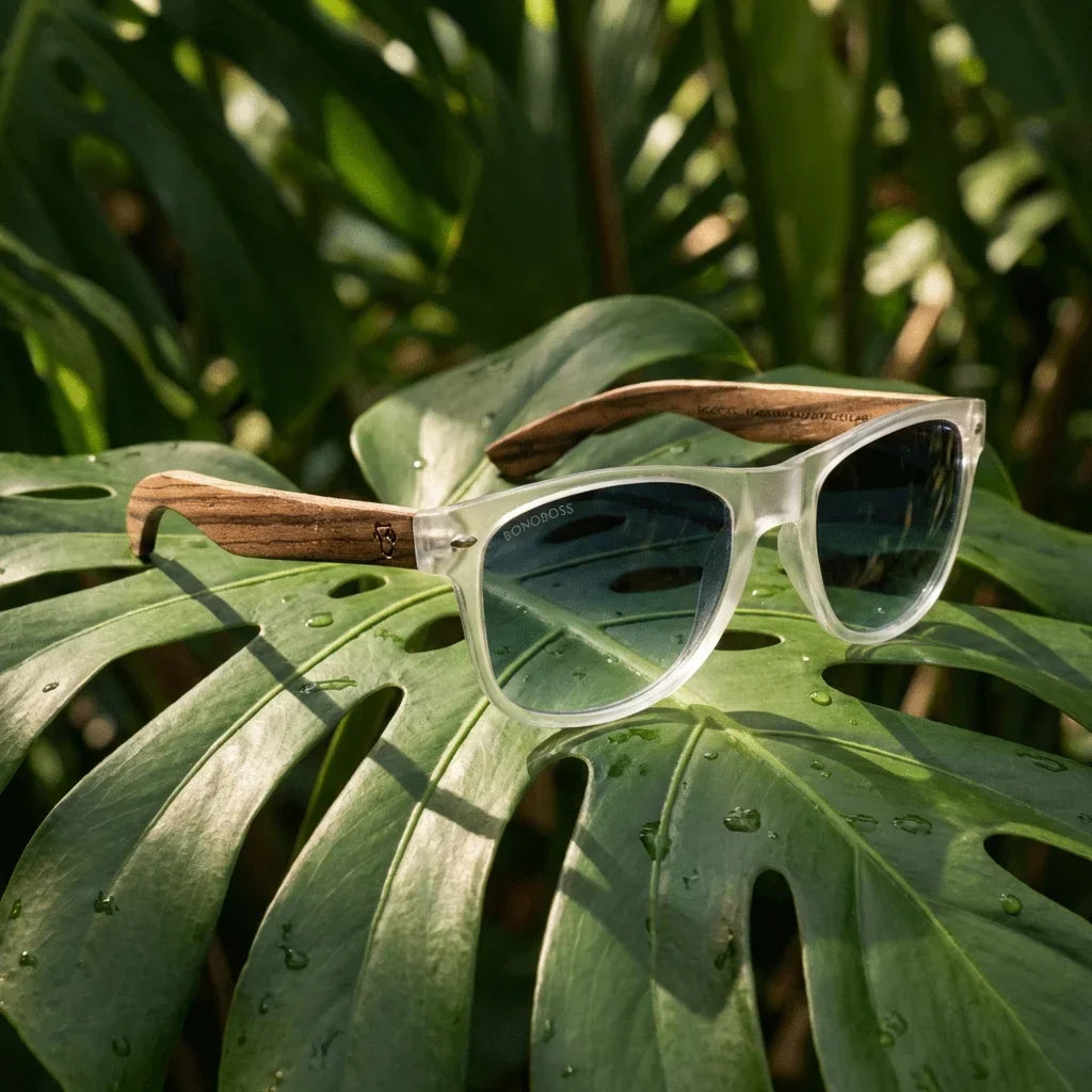 Lentes sol Acacia polarizados UV400 madera zebrano Transparente Gradiente Azul composicion botanica monstera tropical natural Bonoboss #editorial_grid2 #color_transparente-gradiente-azul