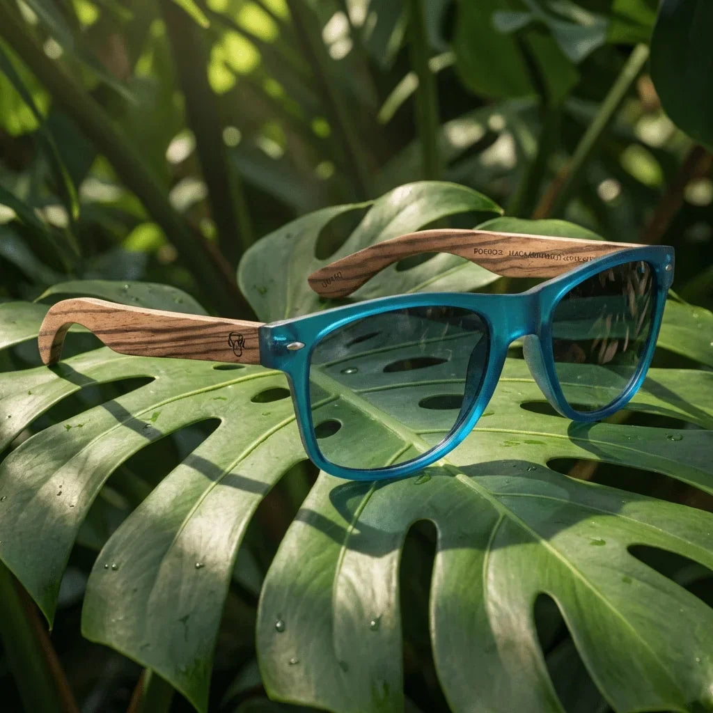 Lentes sol Acacia polarizados UV400 madera zebrano Ocean Gradiente Azul composicion botanica monstera tropical natural Bonoboss #editorial_grid2 #color_ocean-gradiente-azul
