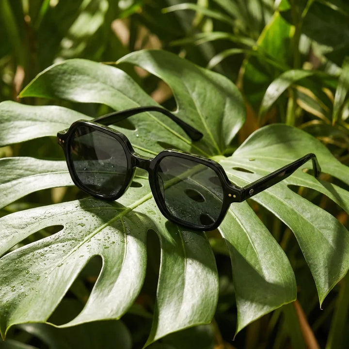Lenses sun canarias polarized UV400 bio-acetate black botanical composition natural tropical monstera bonoboss #editorial_grid2 #color_negro
