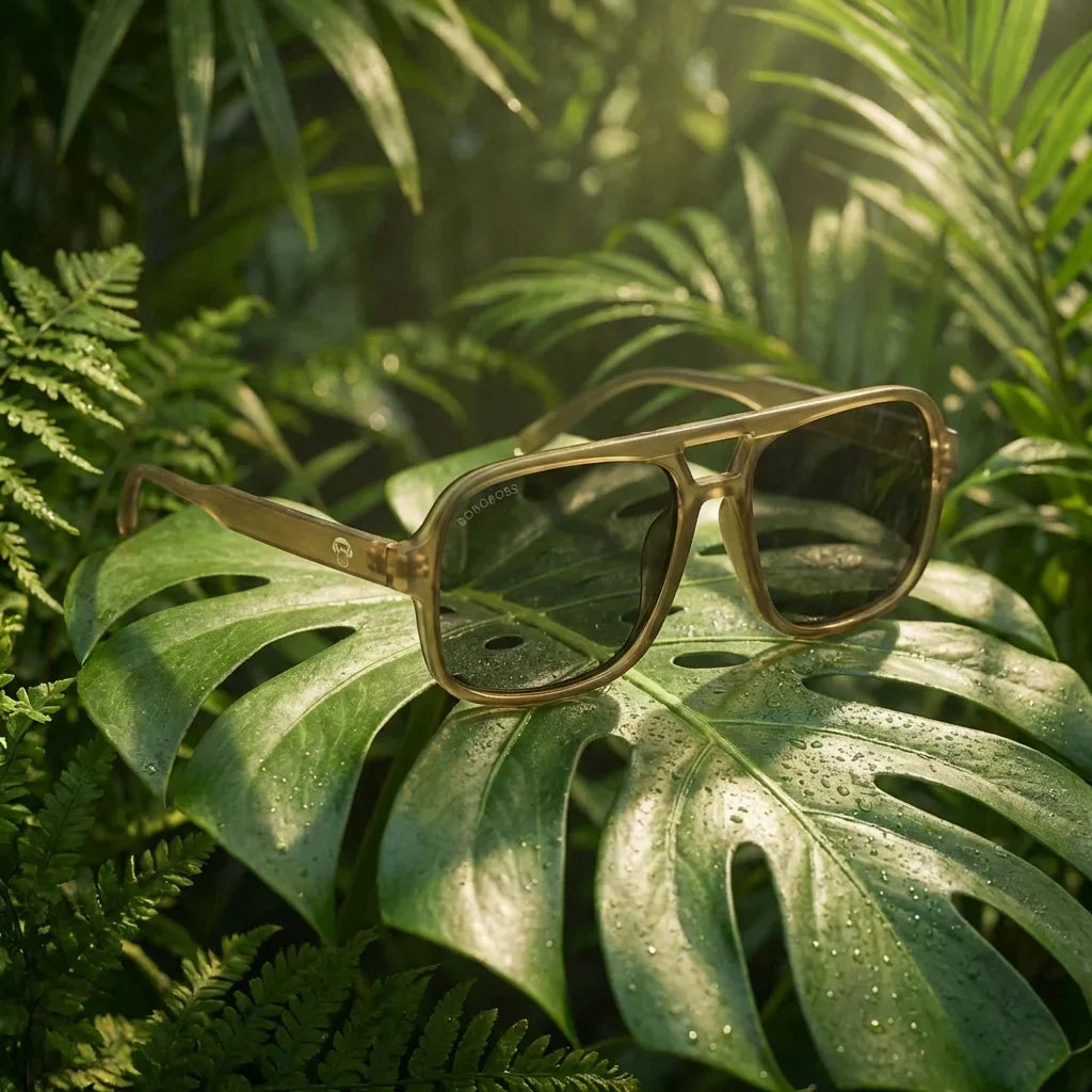Lenses sun orson rpet polarized recycled clear botanical composition monstera tropical sustainable bonoboss #editorial_grid2 #color_transparente