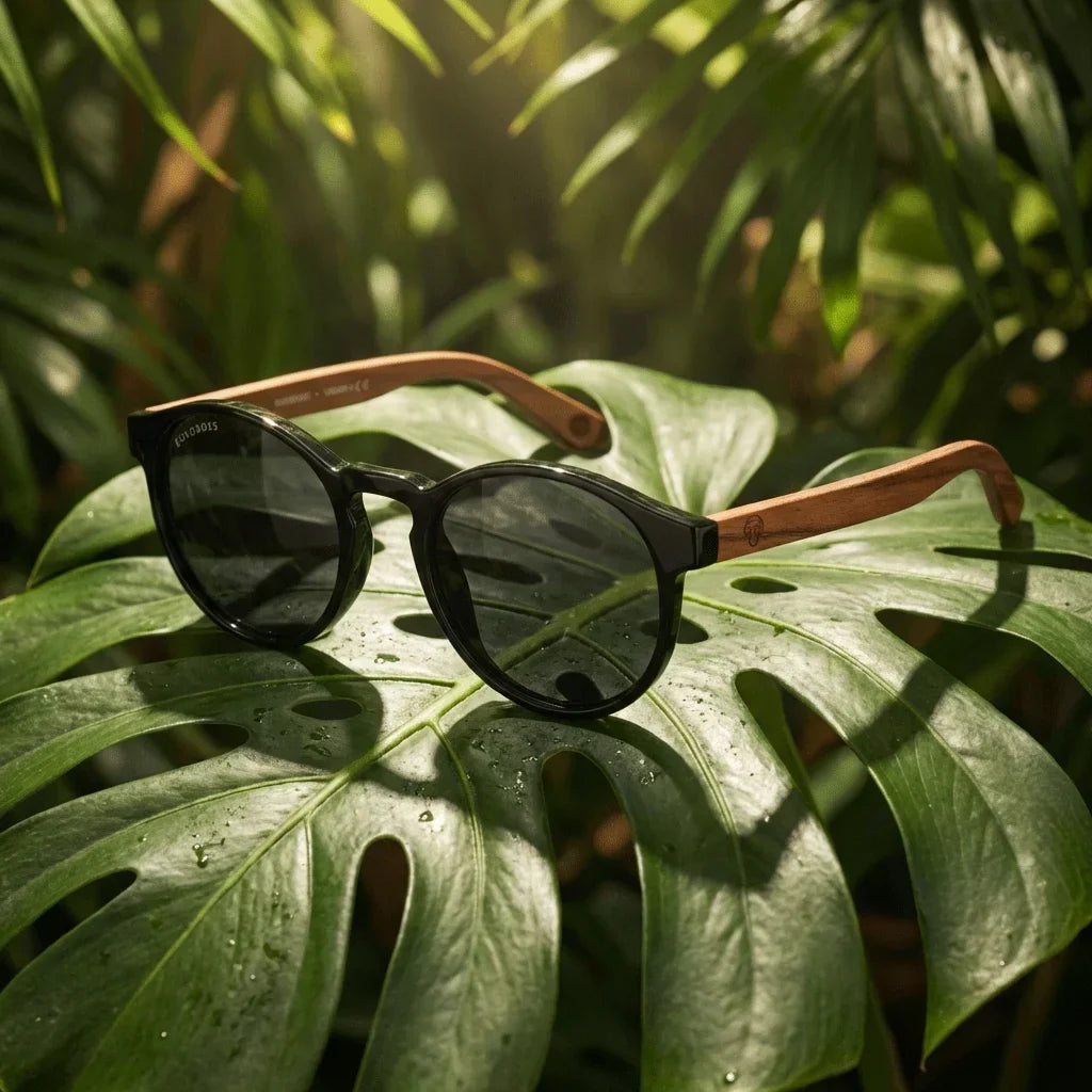 Lenses sun paine polarized bio-acetate biodegradable black botanical composition monstera tropical bonoboss #editorial_grid2 #color_negro