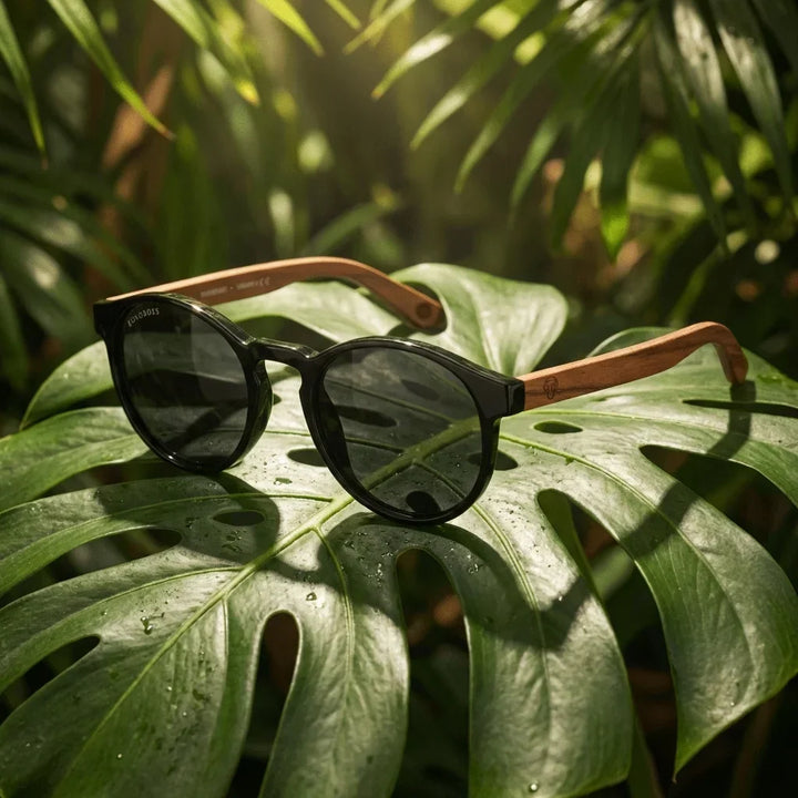 Lenses sun paine polarized bio-acetate biodegradable black botanical composition monstera tropical bonoboss #editorial_grid2 #color_negro