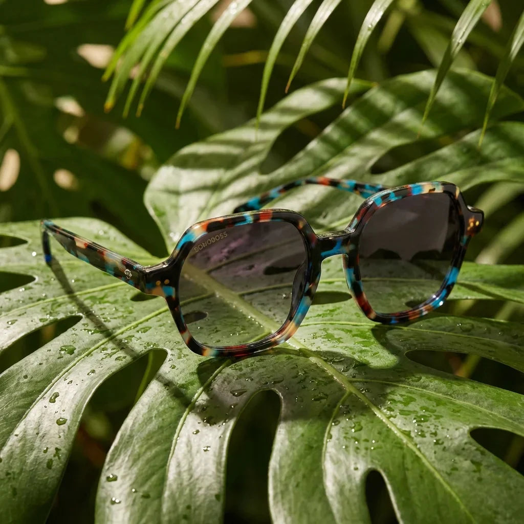 Lenses sun canarias polarized UV400 bio-acetate blue botanical composition natural tropical monstera bonoboss #editorial_grid2 #color_azul