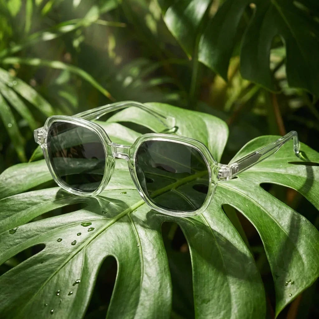 Lenses sun canarias polarized UV400 bio-acetate clear botanical composition natural tropical monstera bonoboss #editorial_grid2 #color_transparente