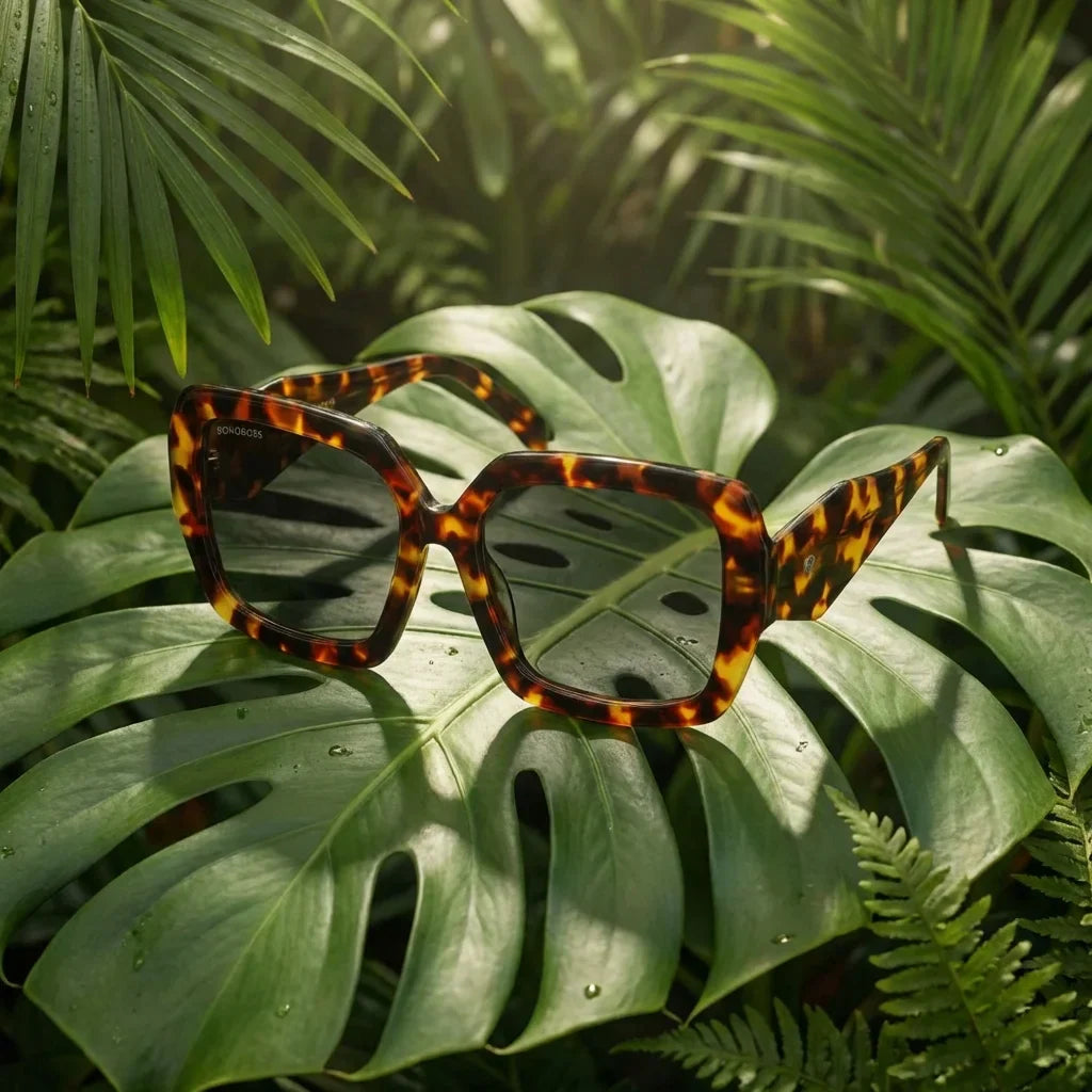 Lentes sol Alaska polarizados carey composicion botanica hoja monstera tropical Bonoboss #editorial_grid2 #color_carey