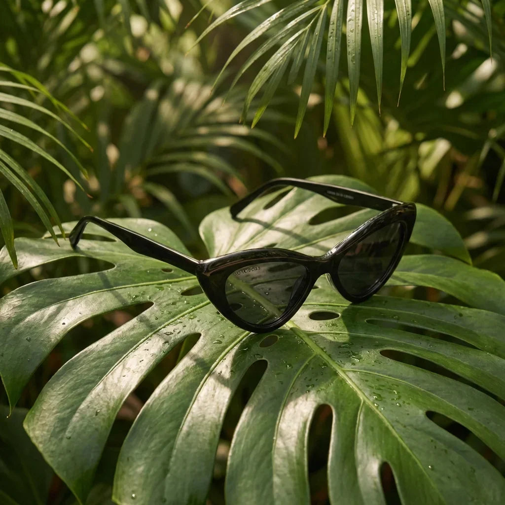 Lenses sun femme black polarized UV400 bio-acetate black botanical composition natural tropical monstera bonoboss #editorial_grid2 #color_negro