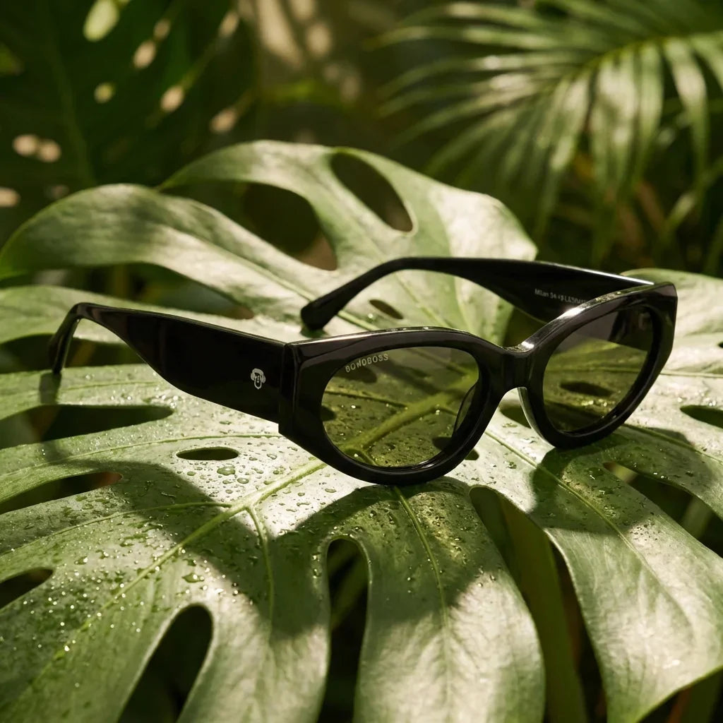 Lenses sun milan polarized bio-acetate black botanical composition monstera tropical biodegradable bonoboss #editorial_grid2 #color_negro