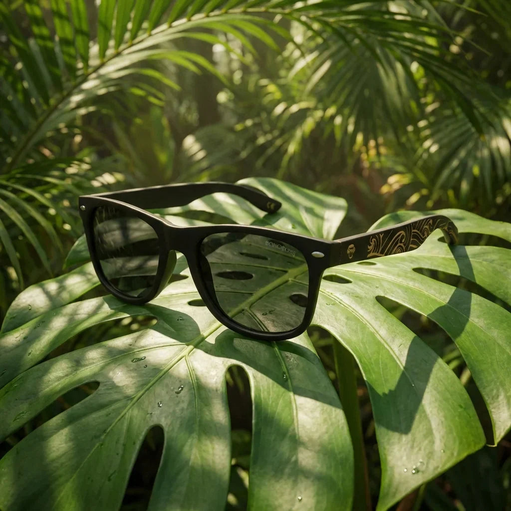 Lentes sol Acacia Dark Designers polarizados smoke composicion botanica hoja monstera tropical Bonoboss #editorial_grid2 #color_smoke