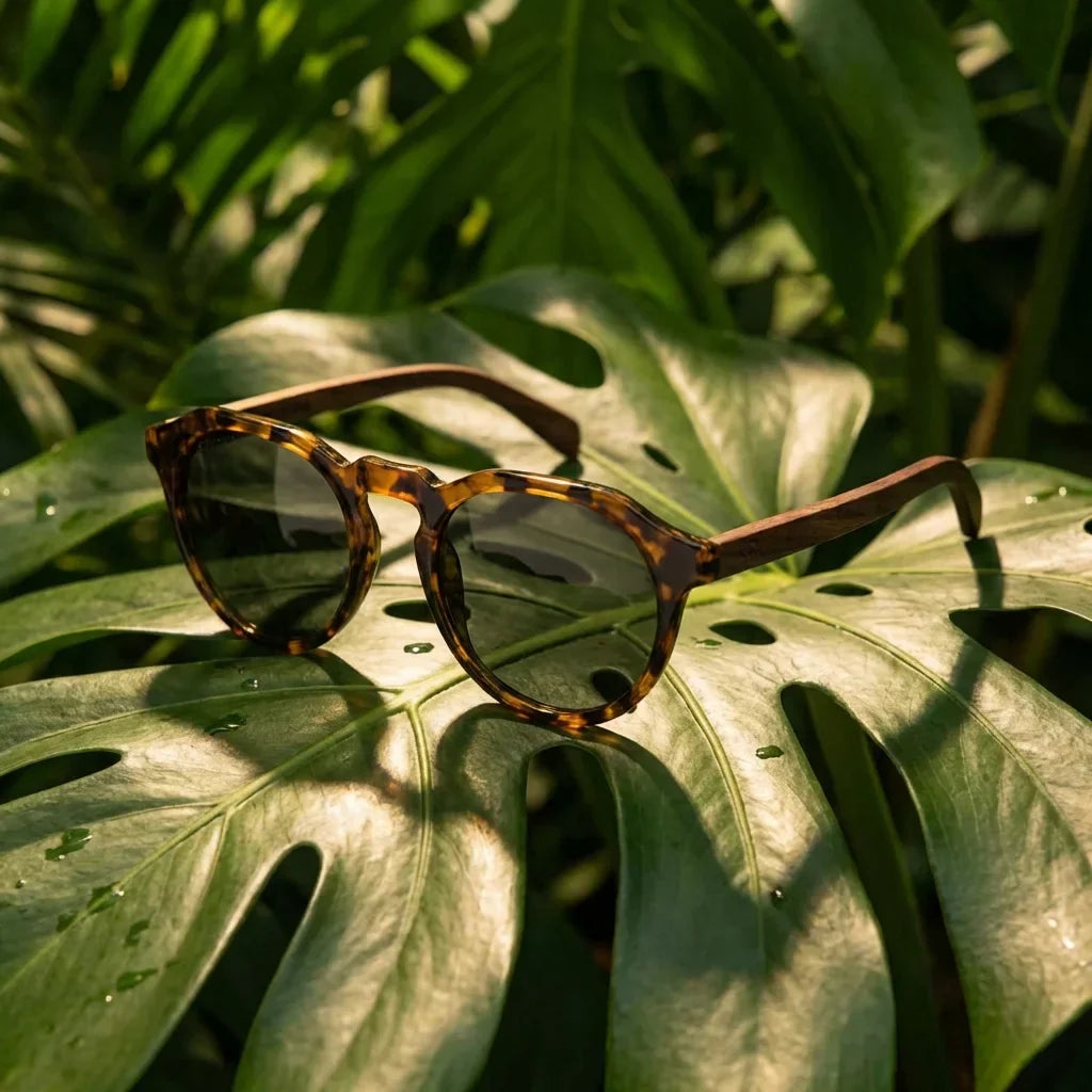 Lentes sol Galapagos polarizados acetato madera carey composicion botanica hoja monstera tropical Bonoboss #editorial_grid2 #color_carey