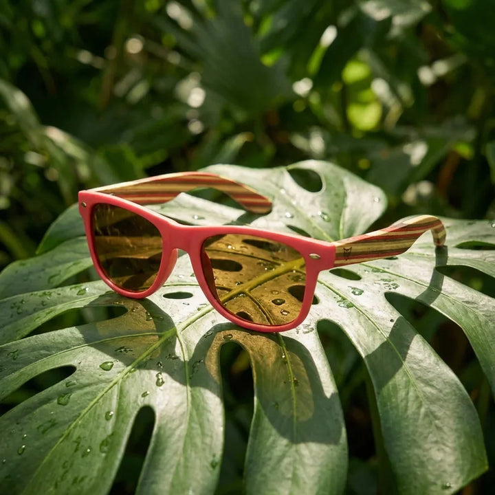 Lenses sun acacia polarized UV400 wood zebrawood pink brown botanical composition natural tropical monstera bonoboss #editorial_grid2 #color_rosado-brown