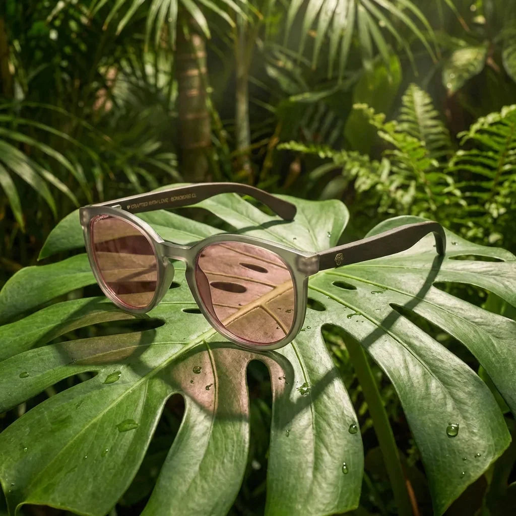 Lentes sol Meli TSP polarizados bio-acetato TSP biodegradable rosado composicion botanica monstera Bonoboss #editorial_grid2 #color_rosado