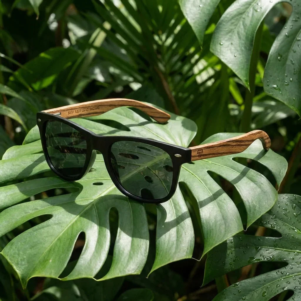 Lentes sol Acacia polarizados UV400 madera zebrano Negro Smoke composicion botanica monstera tropical natural Bonoboss #editorial_grid2 #color_negro-smoke