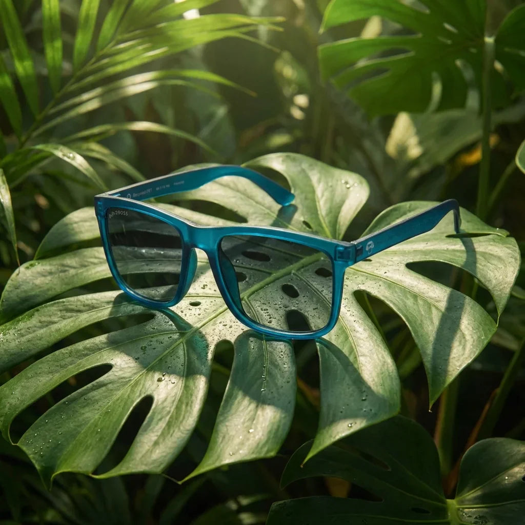 Lentes sol Rapanui RPET polarizados RPET reciclado biodegradable light ocean composicion botanica monstera Bonoboss #editorial_grid2 #color_light-ocean