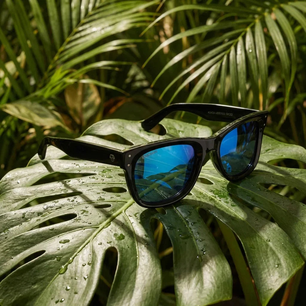 Lenses sun acacia reverse polarized UV400 wood zebrawood mirrored blue botanical composition natural tropical monstera bonoboss #editorial_grid2 #color_espejado-azul