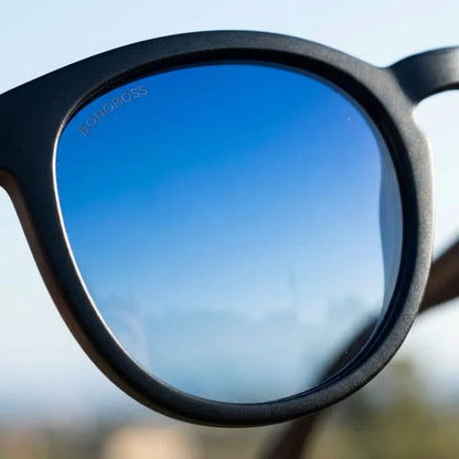 Lentes sol Meli Dark polarizados UV400 bio-acetato Degrade Azul close-up lente coating espejado detalle optico Bonoboss #editorial_polarizado #color_degrade-azul