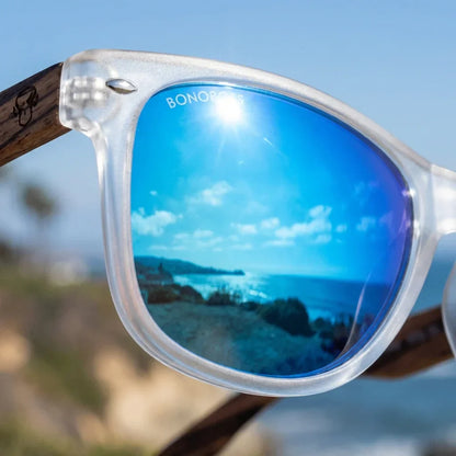 Lentes sol Acacia polarizados UV400 madera zebrano Transparente Espejado Azul detalle lente coating espejado precision optica Bonoboss #editorial_detail1 #color_transparente-espejado-azul