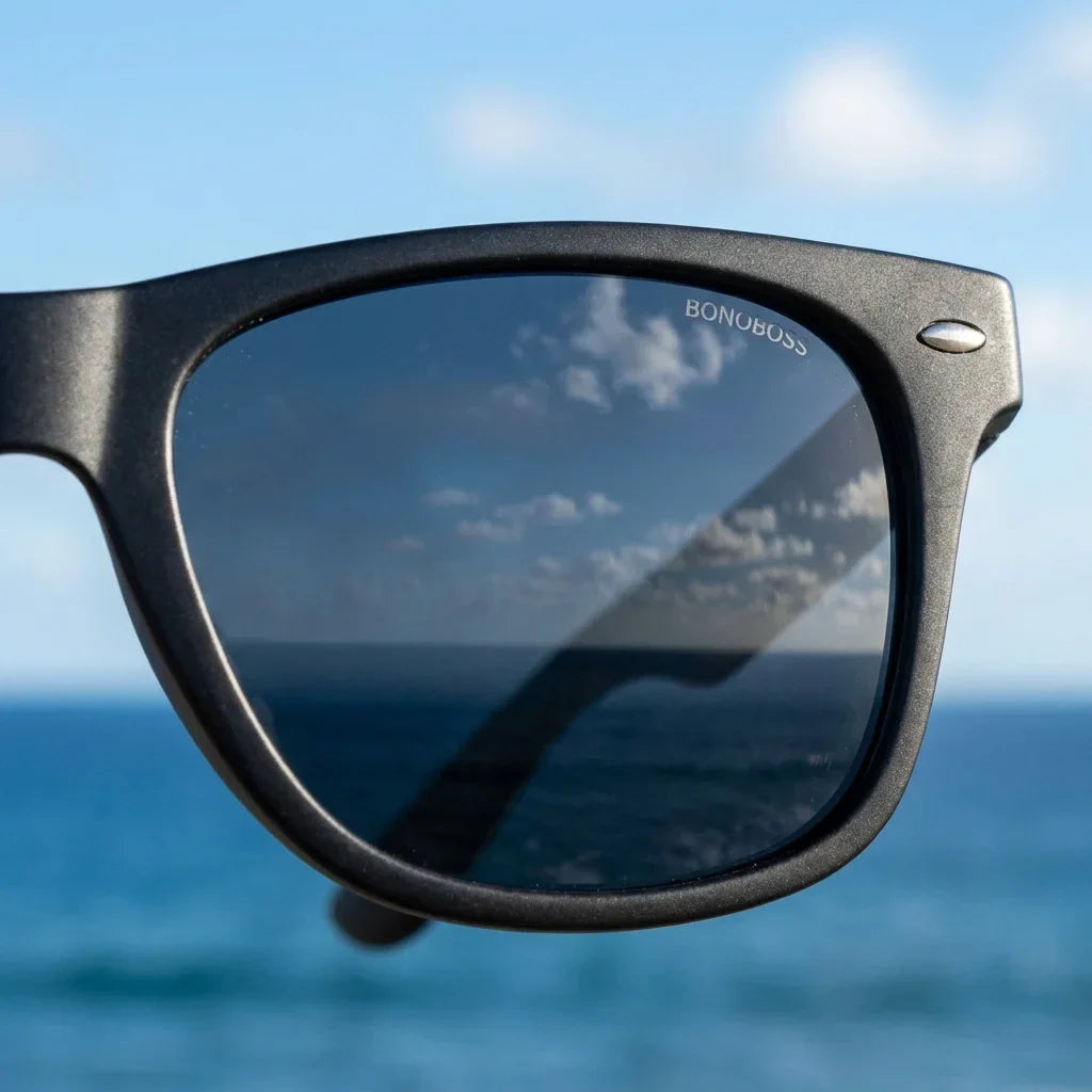 Lentes sol Acacia Dark polarizados UV400 madera acacia negro close-up lente coating espejado detalle optico Bonoboss #editorial_grid1 #color_negro