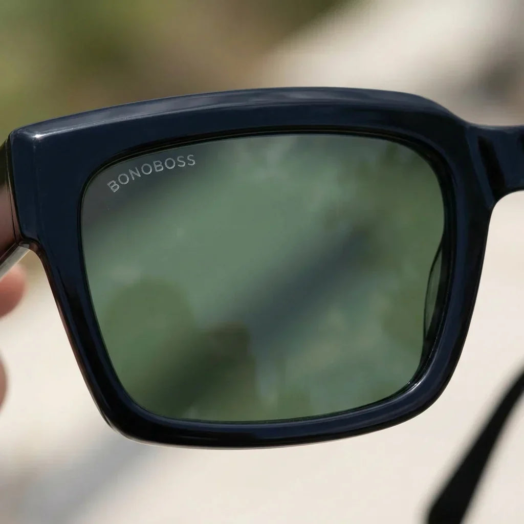 Lentes sol Amsterdam polarizados UV400 negro close-up lente coating espejado detalle optico Bonoboss #editorial_detail2 #color_negro