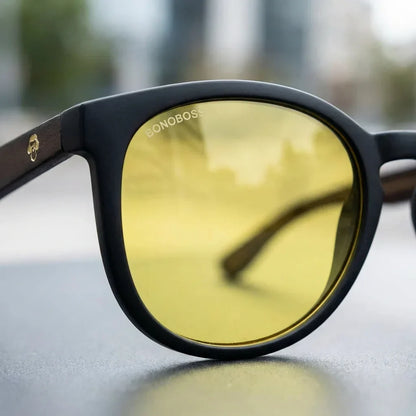 Lentes sol Meli Dark polarizados UV400 bio-acetato Amarillo close-up lente coating espejado detalle optico Bonoboss #editorial_polarizado #color_amarillo
