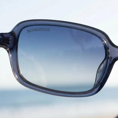 Lentes sol Navarino polarizados UV400 bio-acetato azul close-up lente coating espejado detalle optico Bonoboss #editorial_polarizado #color_azul
