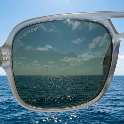 Lentes sol Orson RPET polarizados UV400 RPET reciclado transparente close-up lente coating detalle optico Bonoboss #editorial_polarizado #color_transparente