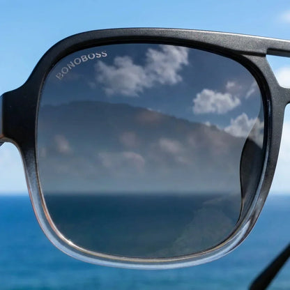 Lentes sol Orson RPET polarizados UV400 RPET reciclado negro close-up lente coating espejado detalle optico Bonoboss #editorial_polarizado #color_negro