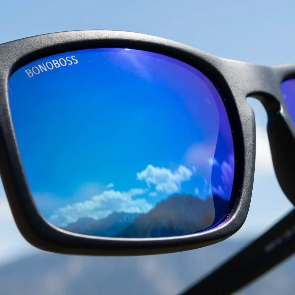 Lentes sol Lautaro RPET polarizados UV400 RPET reciclado azul close-up lente espejado coating detalle optico Bonoboss #editorial_detail1 #color_azul