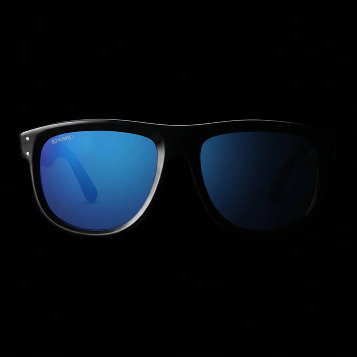 Lenses sun girlfriend reverse polarized UV400 bio-acetate mirrored blue sobre marmol black superficie premium elegante bonoboss #editorial_polarizado #color_espejado-azul