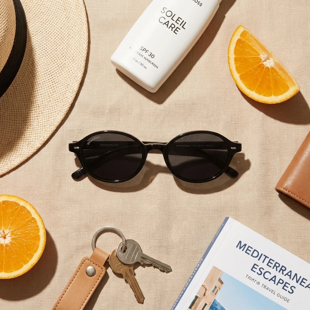 Lentes sol Capri polarizados RPET reciclado black flat lay summer essentials playa accesorios eco-friendly Bonoboss #editorial_detail2 #color_black