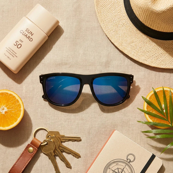 Lenses sun girlfriend reverse polarized bio-acetate mirrored blue botanical composition monstera tropical biodegradable bonoboss #editorial_grid2 #color_espejado-azul