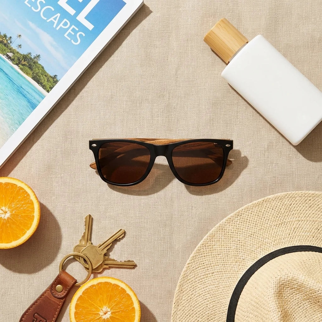 Lentes sol Acacia polarizados UV400 madera zebrano Negro Brown flat lay summer essentials accesorios playa Bonoboss #editorial_detail2 #color_negro-brown