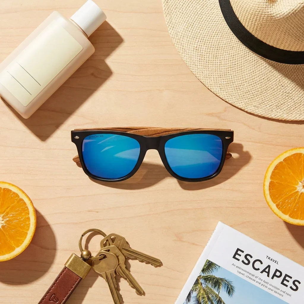 Lenses sun acacia polarized UV400 wood zebrawood black mirrored blue summer essentials flat lay beach accessories bonoboss #editorial_detail2 #color_negro-espejado-azul