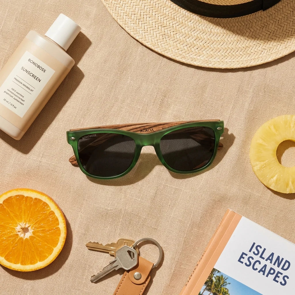 Lentes sol Acacia polarizados UV400 madera zebrano Forest Smoke flat lay summer essentials accesorios playa Bonoboss #editorial_detail2 #color_forest-smoke