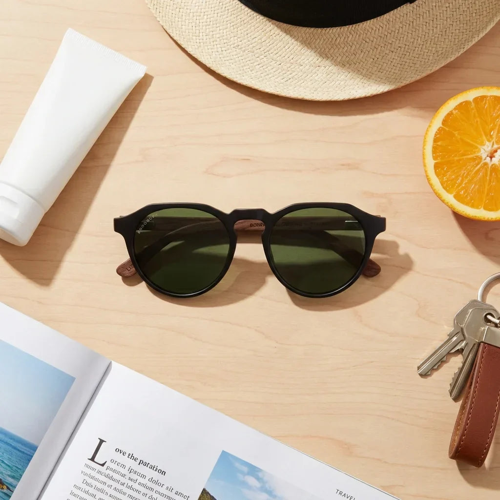 Lenses sun galapagos polarized acetate wood tortoise summer essentials flat lay beach accessories bonoboss #editorial_detail2 #color_carey