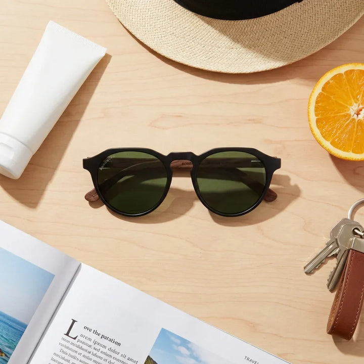 Lenses sun galapagos polarized acetate wood tortoise summer essentials flat lay beach accessories bonoboss #editorial_detail2 #color_carey