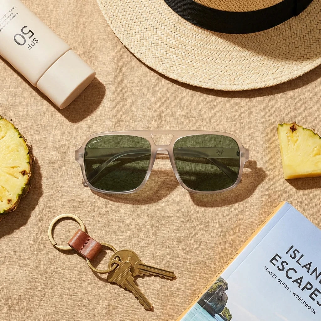 Lentes sol Orson RPET polarizados reciclado transparente flat lay summer essentials playa accesorios Bonoboss #editorial_detail2 #color_transparente