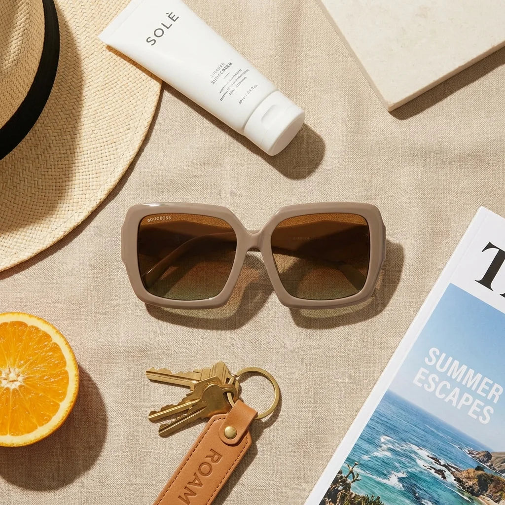 Lenses sun alaska polarized brown summer essentials flat lay beach accessories bonoboss #editorial_detail2 #color_brown