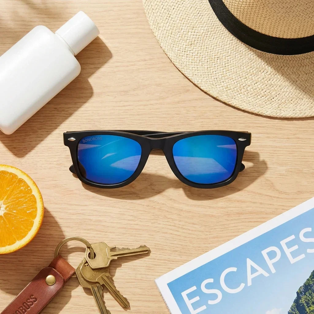 Men wearing lenses sun acacio rpet rpet recycled polarized sky driving sun protection UV400 bonoboss #editorial_detail1 #color_sky